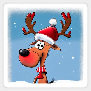 Reindeer Wears a Santa Hat Closeup in Winter Scenery Sticker